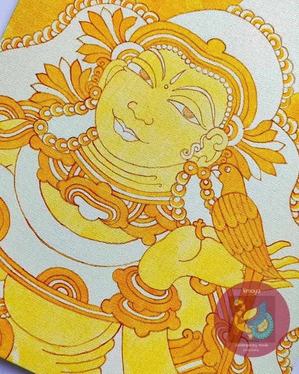 The journey of my Meenakshi painting begins. Here, the first layer of yellow is applied, setting a warm, divine glow for the goddess. This is the foundation upon which all other colors will be built.