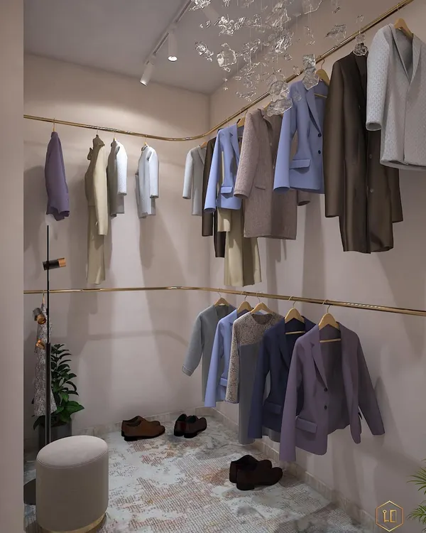 A concept for a minimalist walk-in closet. The design uses open brass rails for hanging clothes, creating a boutique-like feel. A sculptural chandelier adds a touch of artistic flair.