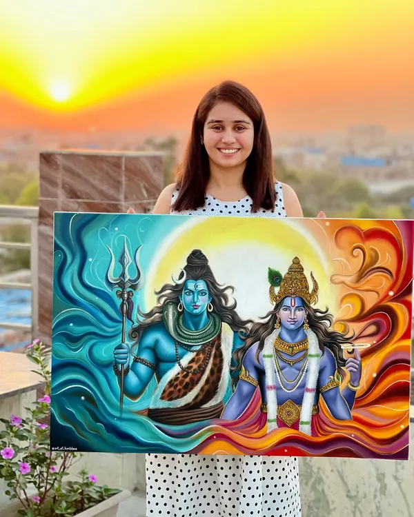 This large oil painting of Hari-Hara, the combined form of Vishnu and Shiva, was a piece of pure devotion. Capturing the sunset behind this 24 by 36-inch linen canvas was a magical moment, reflecting the divine energy I felt while creating it.
