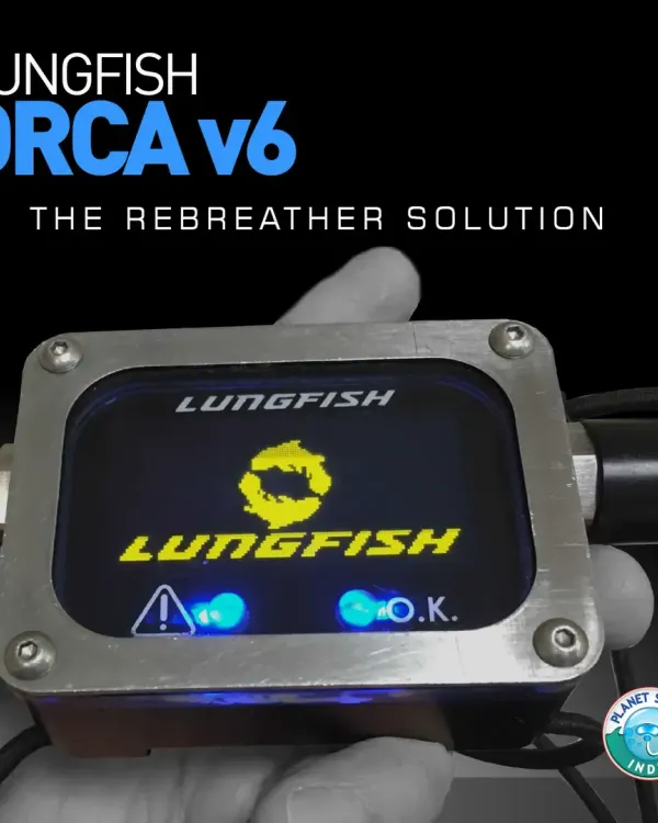 A close-up of the Lungfish ORCA v6 rebreather's cutting-edge electronics. The robust, solid-state CO2 monitor and protected wiring are designed for failsafe mechanics and rugged practicality, providing critical safety information through highly visible displays.