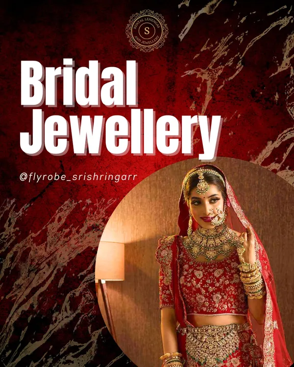 Why buy when you can get your perfect bridal jewellery on rent from us? This graphic gets straight to the point, showing a bride in a full, glorious rental set.