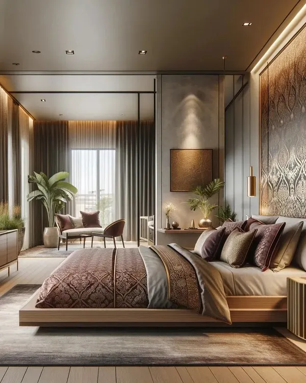 I designed this master bedroom as a true retreat from the world. The rich textures, layered lighting, and custom accent wall create a warm, luxurious atmosphere that feels both sophisticated and incredibly comfortable.