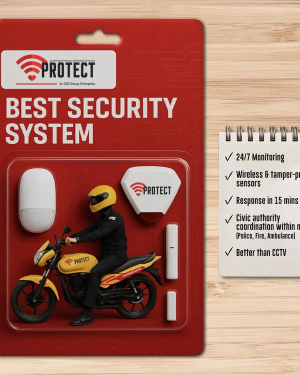 This is our all-in-one security package. It includes wireless, tamper-proof sensors for comprehensive coverage, 24/7 monitoring, and a guaranteed response within 15 minutes. We also coordinate directly with civic authorities like the police and fire department, offering a level of security that is far better than just CCTV.