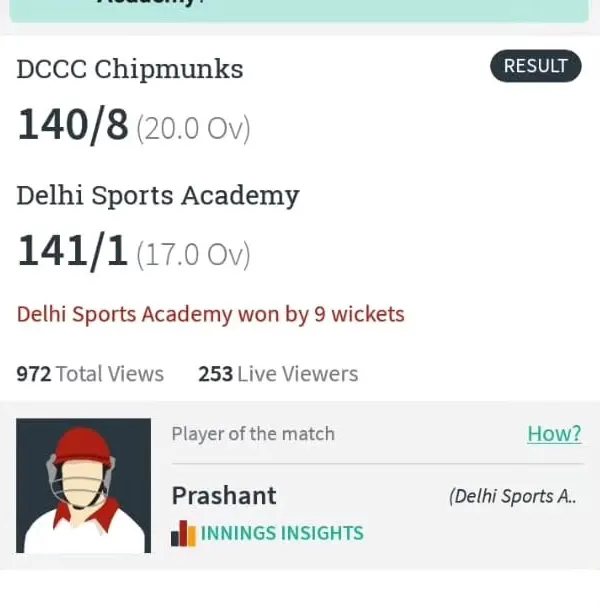 The results speak for themselves. This scorecard shows a dominant 9-wicket victory for our U-12 team in the Junior Cup, chasing down the target with overs to spare. We don't just practice, we compete and win.