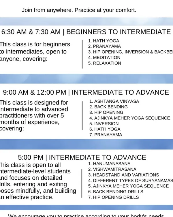Here is the schedule for our online classes. We have different batches for all levels, from beginners to advanced practitioners. Find a time that works for you and join us on the mat.