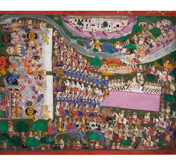 This large mid-18th century miniature from the Kota School depicts a royal 'Dussehra Procession'. It's a masterpiece of narrative art, showing the king, a Ramlila enactment, and a three-dimensional view of the fort and landscape, all rendered with natural pigments.
