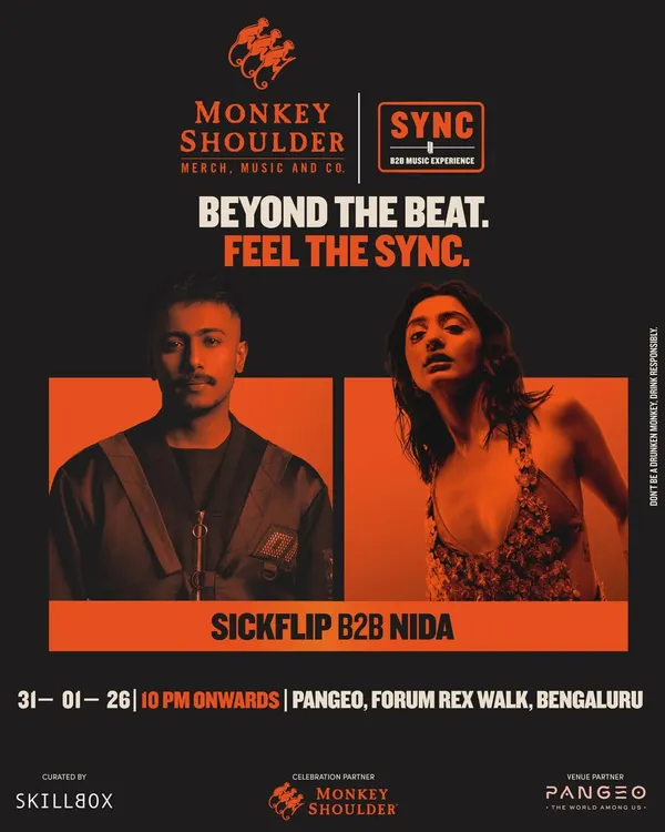 The poster for a Monkey Shoulder SYNC event featuring a Sickflip B2B Nida set. We created this B2B-only music experience to focus on the art of DJing and seamless musical journeys.