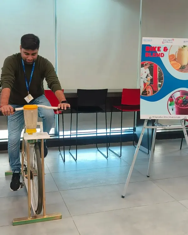 Our famous 'Bike & Blend' station is always a hit at corporate wellness events. It’s a fun, high-energy activity where employees pedal a stationary bike to power a blender and make their own fresh smoothie. This is what I mean by making wellness interactive and memorable.