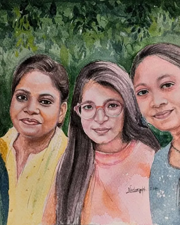 The finished watercolor group portrait, celebrating years of friendship. The soft blending of colors gives this piece a warm and gentle feel, perfect for such a happy memory.