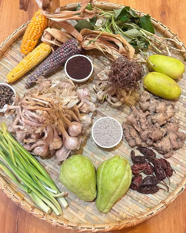 A beautiful flat lay of the ingredients that define Naga cuisine. You can see Zanthoxylum seeds, sticky corn, sumac, local ginger and garlic, Naga lemons, and dried King Chillies.