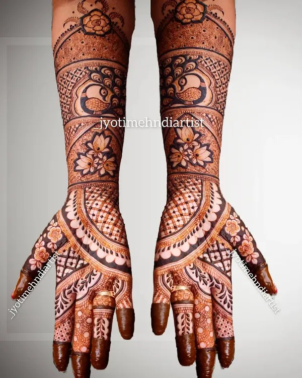A complete bridal mehndi look, covering both hands up to the elbows. This intricate Indian design combines various patterns like checks, florals, and peacocks for a rich and traditional feel.