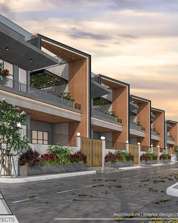 A housing proposal for a development in Bhopal. I designed these modern row houses with a unified aesthetic, using framed balconies, wood accents, and integrated planters.