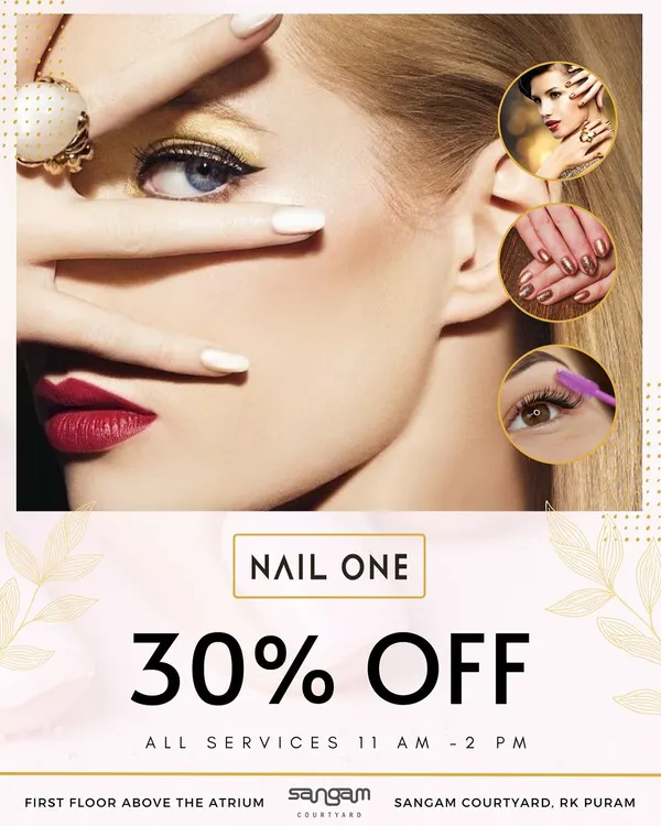 We often have special offers for our clients. This graphic advertises a 30% discount on all services during specific hours at our Sangam Courtyard location.