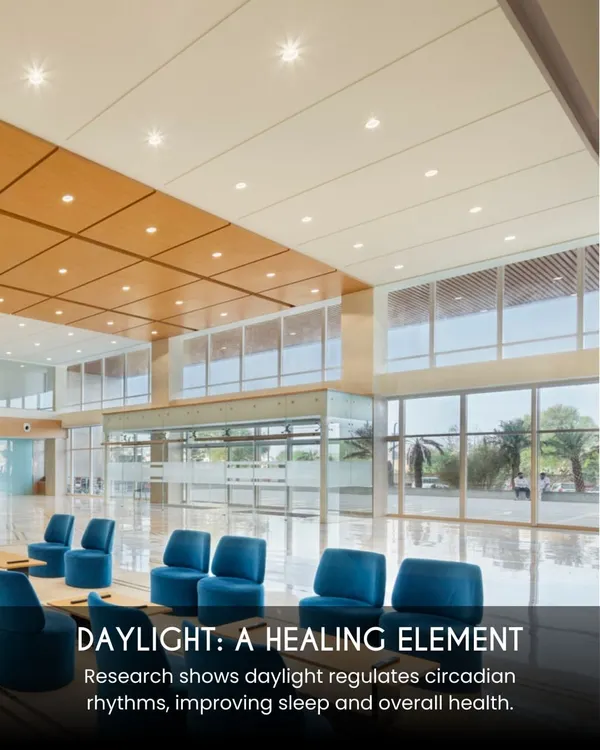 Daylight is a powerful healing element. Our designs prioritize large windows and open spaces to regulate circadian rhythms, which is proven by research to improve sleep and overall health for patients.