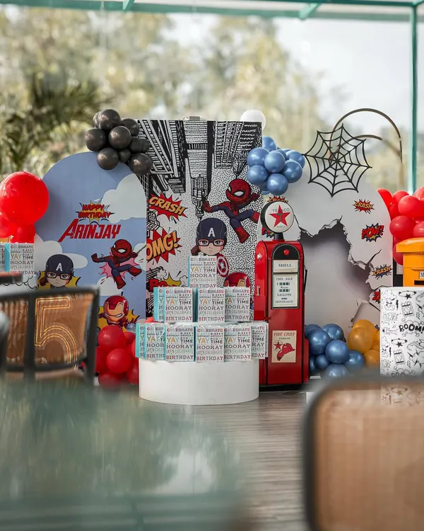 This is how I bring a superhero universe to life. Every detail in this setup, from the comic book-style backdrops to the character cutouts and themed props, is meticulously planned to create an immersive and action-packed birthday experience.