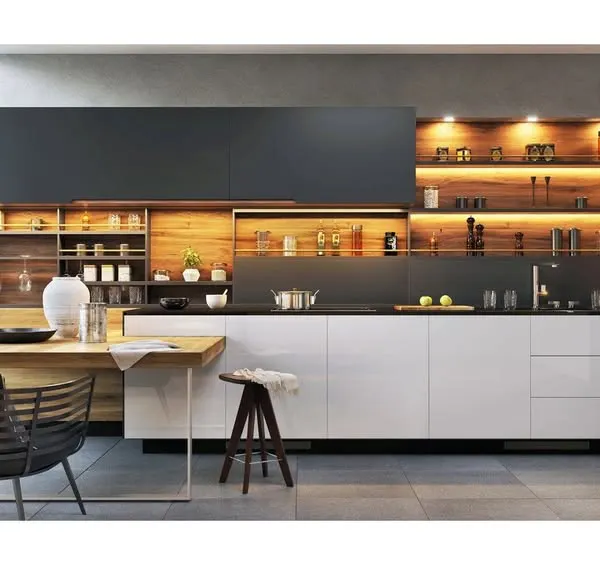 A factory-made modular kitchen that combines open-shelf storage with closed cabinets. The warm wood tones and under-cabinet lighting create a functional and aesthetically pleasing cooking space.