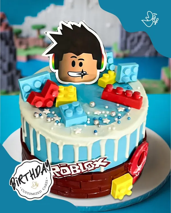 A vibrant Roblox-themed cake for a young gamer. This design features a character avatar and colorful building blocks, bringing the popular online game to the birthday table.
