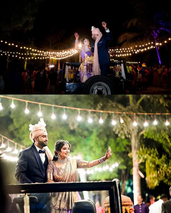 The grand entrance of the bride and groom at their reception, waving to friends and family from a decorated vehicle. We capture the excitement of your big entry.
