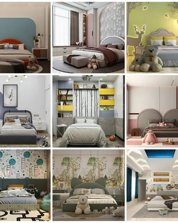 A mood board of various kids' bedroom themes I can create, from playful and colorful to calm and minimalist.