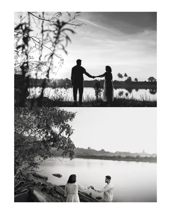 A black and white collage of a lakeside couple shoot. The silhouette against the setting sun and the reflection in the water create a timeless and artistic feel.