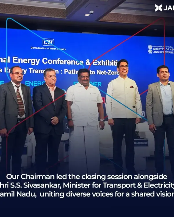 Our Chairman stands with Shri S.S. Sivasankar, Minister for Transport & Electricity, Tamil Nadu, at the closing session of IECE. This collaboration signifies our commitment to uniting diverse voices for a shared vision of a sustainable energy future.