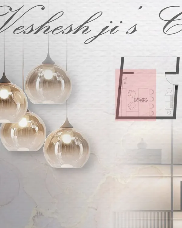 This is a section of the initial mood board, or 'intent', for Mr. Vishesh's office. This step is crucial for visualizing the space, here focusing on the selection of elegant, globe-style pendant lights and establishing the room's layout.