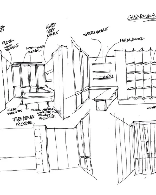 An early concept sketch for a Chairman's Cabin, exploring different layouts and furniture configurations. Our process always begins with hand-drawn ideas to quickly visualize the potential of a space.