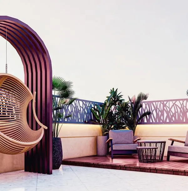 A 3D render of a terrace design featuring a stylish hanging swing chair as a focal point. The design includes a wooden deck, comfortable seating, and decorative laser-cut panels for privacy.