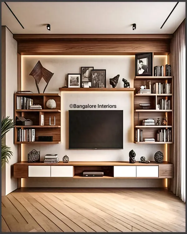 A sophisticated entertainment wall featuring a balanced composition of open bookshelves and a floating media console. The warm wood tones and integrated backlighting create an inviting and elegant living room centerpiece.