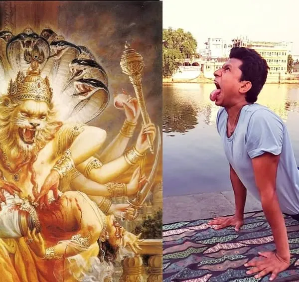 Simhasana, the Lion Pose, is dedicated to Narasimha, the man-lion incarnation of Lord Vishnu. This powerful pose, which involves a forceful exhale and roar, helps release tension and embodies the fierce courage of the deity.