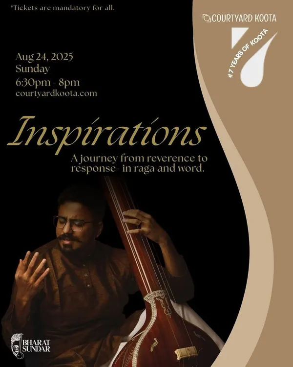 The poster for 'Inspirations', a thematic Carnatic concert by the celebrated young vocalist Bharat Sundar. He shared compositions that shaped his journey, from classical masterpieces to his own creations, in an intimate musical evening.