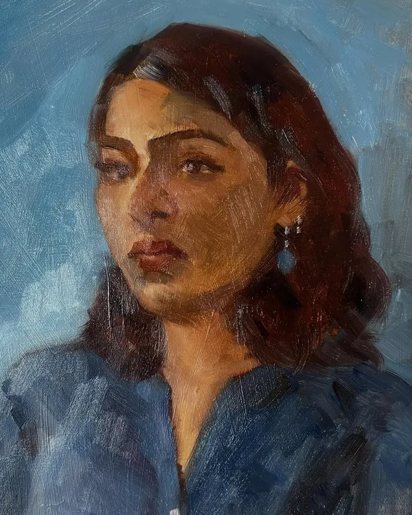 This is an oil on linen portrait of Mirra, painted "alla prima" in a single, lively five-and-a-half-hour session. Her wonderful presence and smile truly made the day, and I focused on capturing that warmth and light in this commissioned piece.