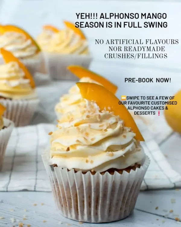 Alphonso mango season is in full swing! I use only real fruit, never artificial crushes or fillings, to create my mango cakes and desserts. This cupcake is topped with fresh mango and coconut flakes.