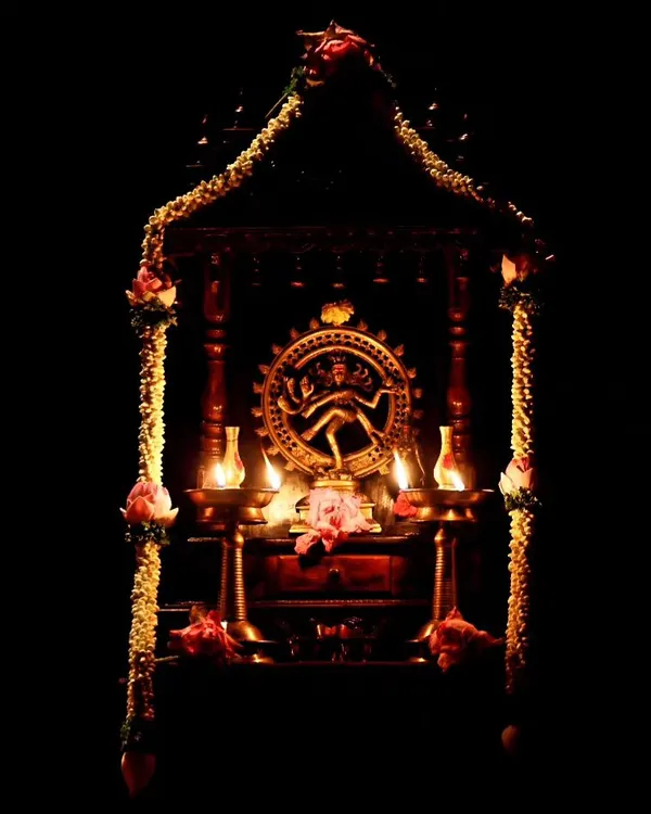 A tribute to Lord Nataraja, the cosmic dancer. This altar was set up for Bhanu Priya's performance, invoking blessings for her journey in dance.