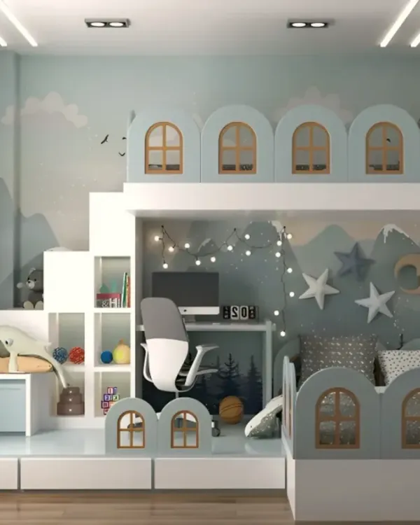 A fairytale comes to life in this castle-themed bedroom. The bunk bed is designed like a whimsical fortress, complete with arched windows and a staircase, creating a magical space for sleep and play.