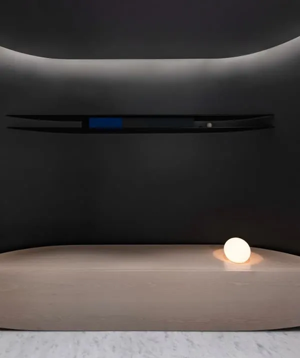 The entrance foyer introduces the project's theme with a doubly curved bench and a custom wall installation, set within a dark, intimate alcove.