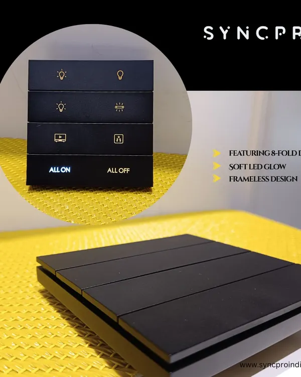 This is our 8-fold keypad in a sleek, frameless black design. It features a soft LED glow for visibility and can be configured to control multiple lighting scenes, fans, and master commands like 'All On' or 'All Off'.
