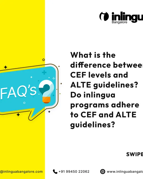 This FAQ graphic addresses a key question for students: the difference between CEF levels and ALTE guidelines. It introduces the importance of standardized language assessment.