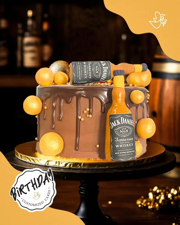 Cheers to a bold celebration with this Jack Daniel's themed cake. It features edible whiskey bottle replicas and a rich chocolate truffle base, making it a perfect surprise for a milestone birthday.