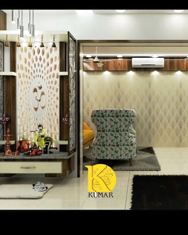 An exquisite pooja mandir with intricate CNC jali doors featuring an 'Om' symbol. The unit includes backlighting, drawers for storage, and a beautiful idol of Krishna, creating a divine focal point in the living area.