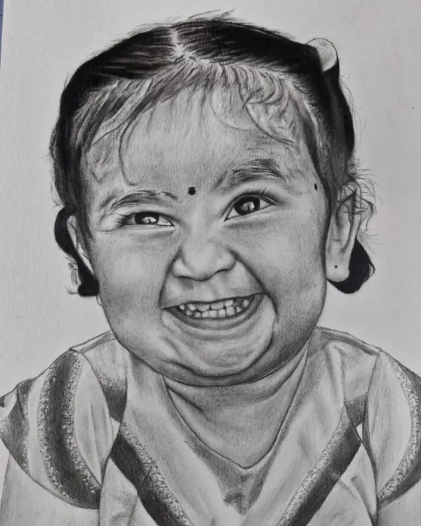 This sketch of a child's pure, joyful laugh is one of my favorites. I focus on capturing these fleeting, precious moments in my children's portraits, creating a timeless piece of art for your family to cherish.