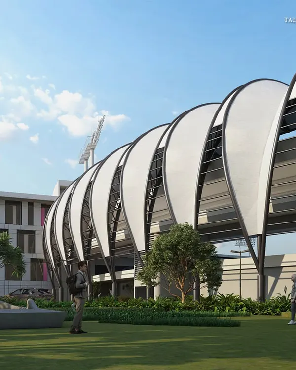 A view of the iconic sports stadium at Bharati Vidyapeeth University in Pune. The unique, petal-like facade of the structure makes it a formidable landmark within our 70-acre master plan for the campus.