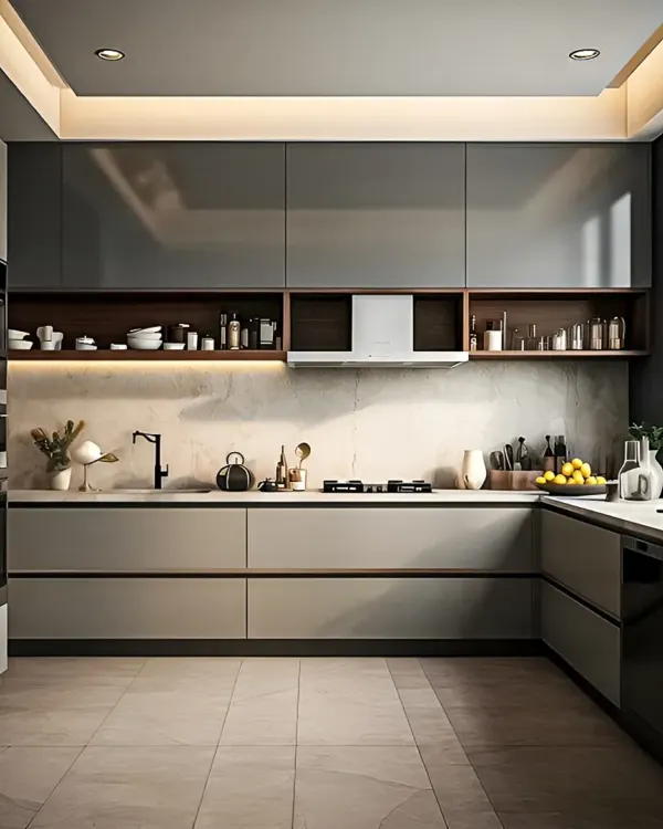 This sleek, modern kitchen features handleless grey cabinets and a marble backsplash. I used under-cabinet lighting to illuminate the workspace and create a warm, inviting glow.