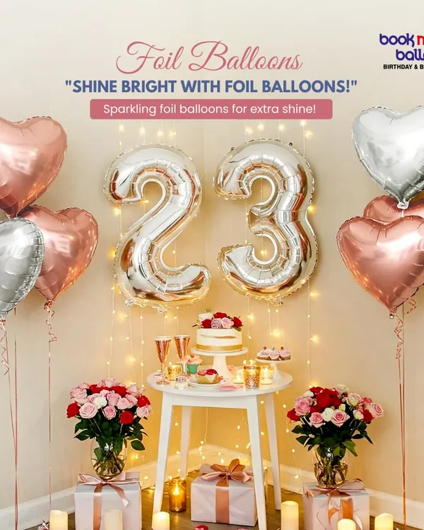 This romantic setup is perfect for a birthday or anniversary surprise. It features large foil number balloons, floating heart shaped balloons, and fairy lights to create a warm and intimate atmosphere. We can deliver and set this up anywhere in Bangalore.