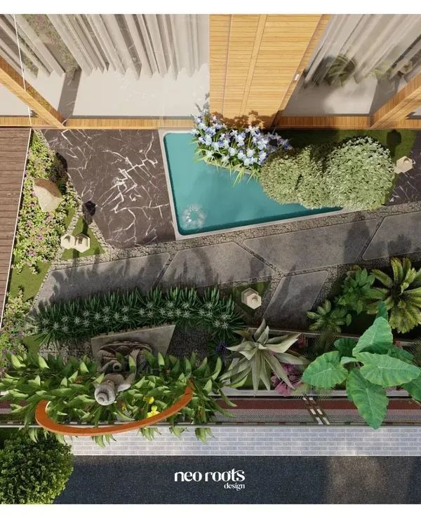 A top-down 3D render of a contemporary Zen garden concept. This plan view details the precise layout of a small plunge pool, a wooden deck, stone pathways, and carefully arranged planting zones.