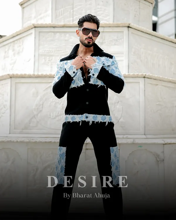 This is power dressing redefined. I created this two-piece set by blending a luxe black base with distressed denim patchwork for a look that is rugged, tailored, and unapologetically modern.