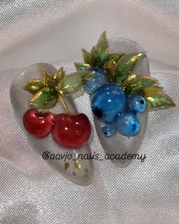 A close-up of my Murano glass effect nail art. Here you can see the juicy, translucent 3D cherries and blueberries with delicate golden leaves, crafted to look like tiny glass sculptures.