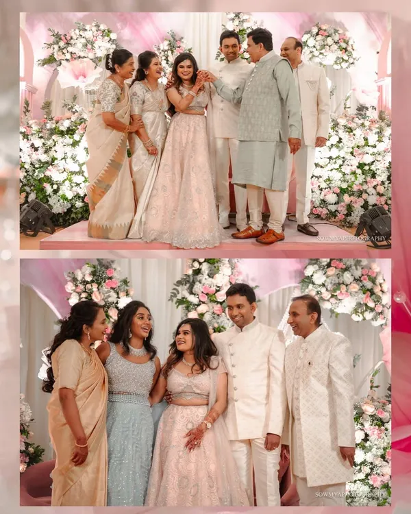 A collage from a fun-filled ring ceremony, showing the couple with their happy and proud families on stage.
