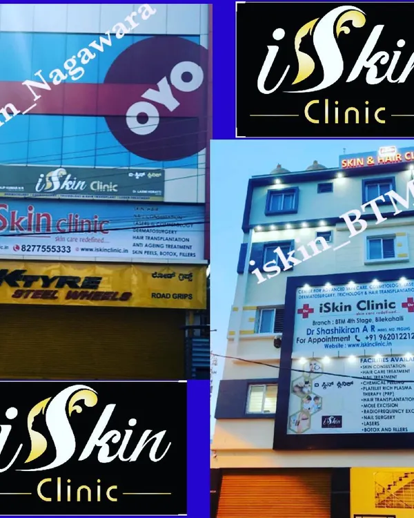 The storefronts of our iSkin Clinic locations in Nagawara and BTM. As a trusted skin surgery clinic in Bengaluru, we ensure our facilities are accessible and clearly marked for our patients.