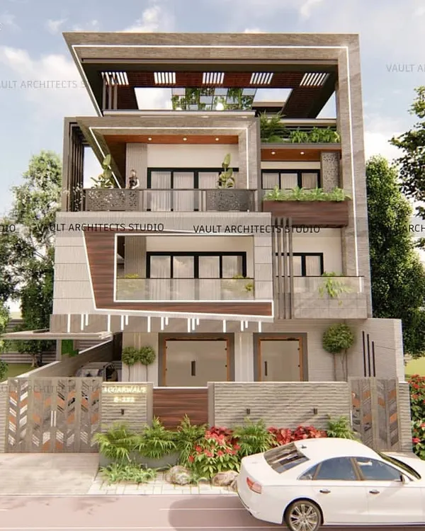 This is a 3D architectural rendering for an upcoming villa in Noida, showcasing a modern contemporary style. I designed the facade with layered balconies, wooden slat details, and a distinctive patterned gate for a unique look.